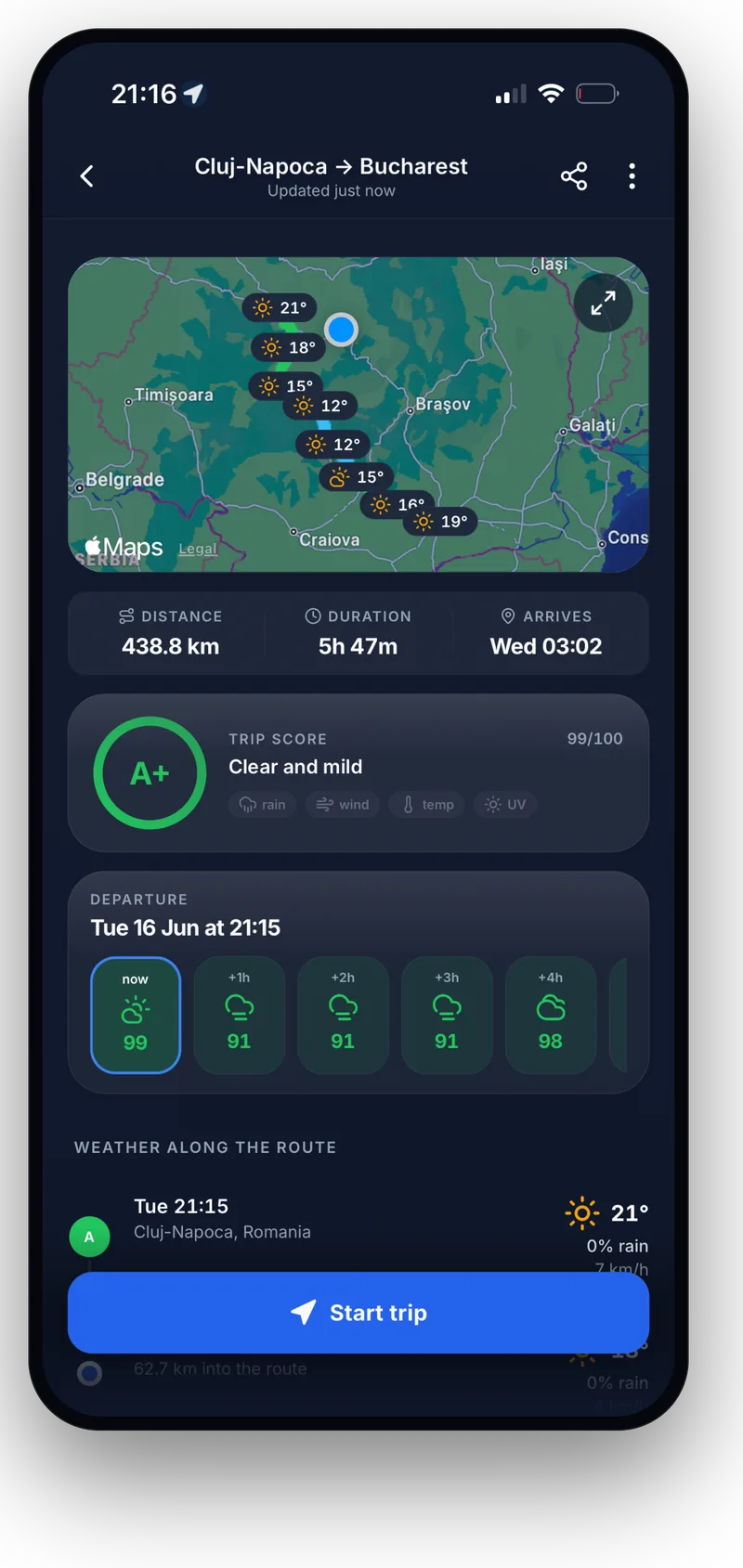 Road Weather trip detail: a Cluj-Napoca to Bucharest route on the map with the temperature at each point, an A+ trip score, and an hour-by-hour departure strip.