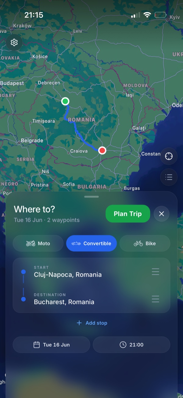 Planning a trip: pick stops, choose moto, convertible or bike, and set a departure time.
